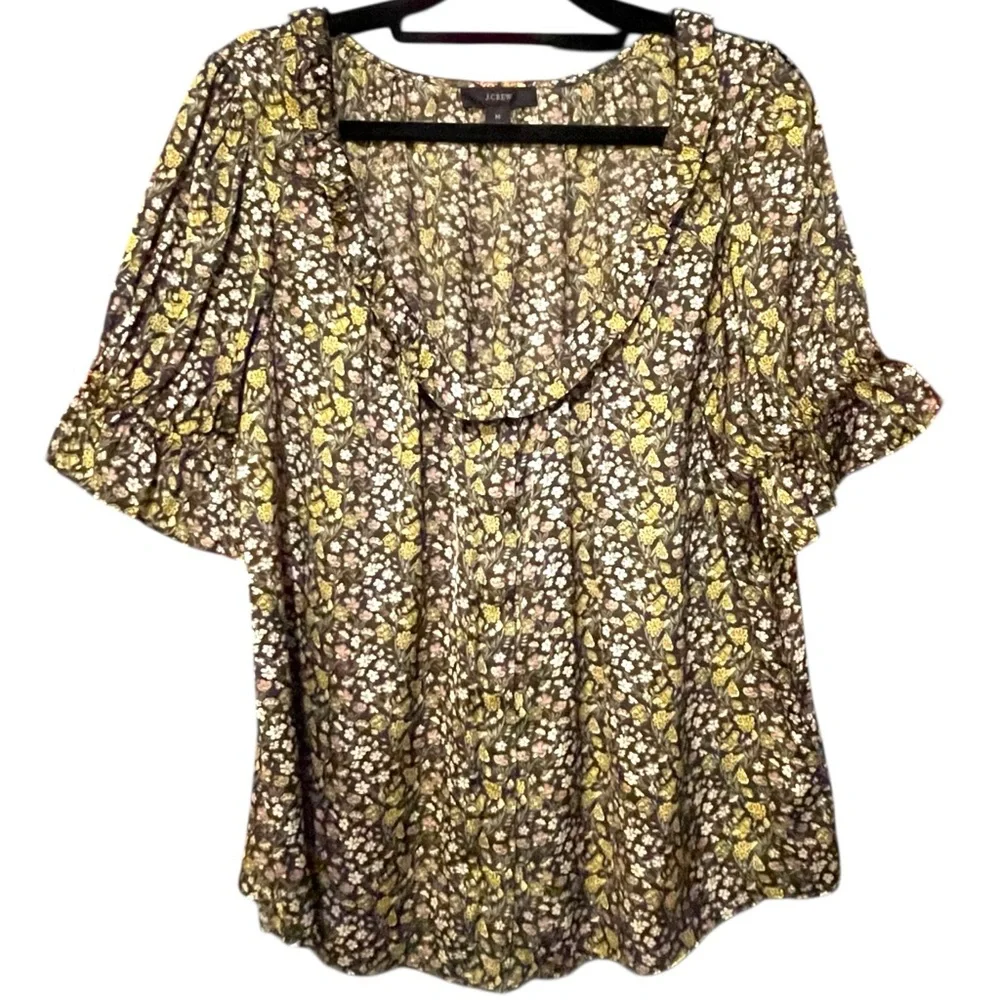 J.Crew Ruffle Featherweight Satin Scoop Neck Top in Floral Stripe‎ Cottagecore M
